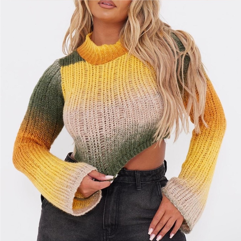 Yellow Stripe Knot Cropped Sweater